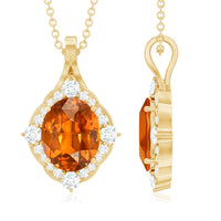 Vintage Looking 4 Carat Created Orange Sapphire Oval Pendant with Diamond Halo