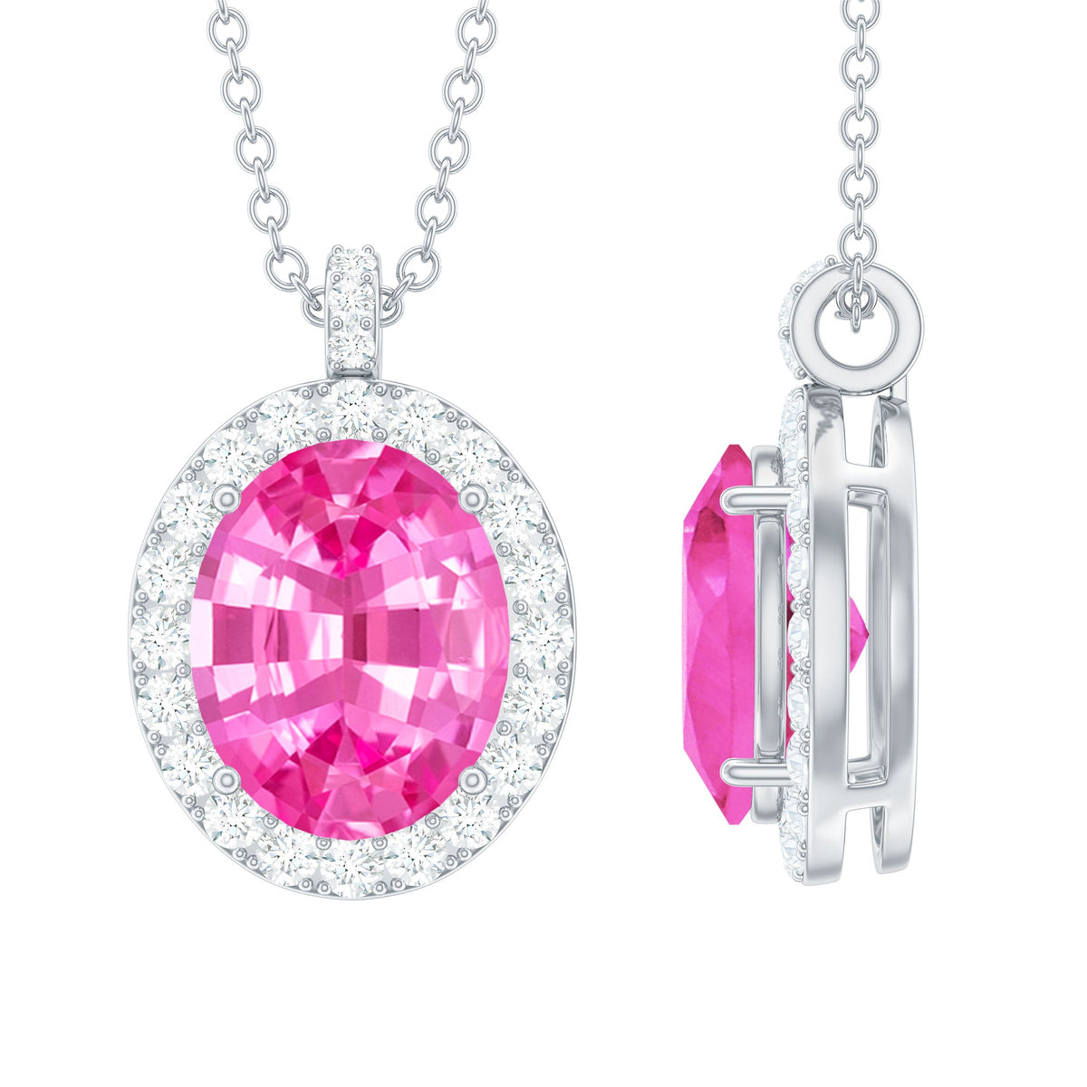 4 Carat Oval Lab Created Pink Sapphire Necklace with Diamonds