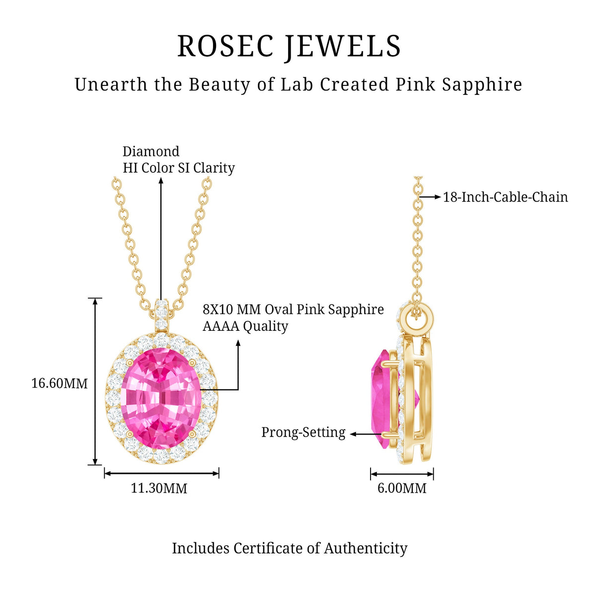 4 Carat Oval Lab Created Pink Sapphire Necklace with Diamonds