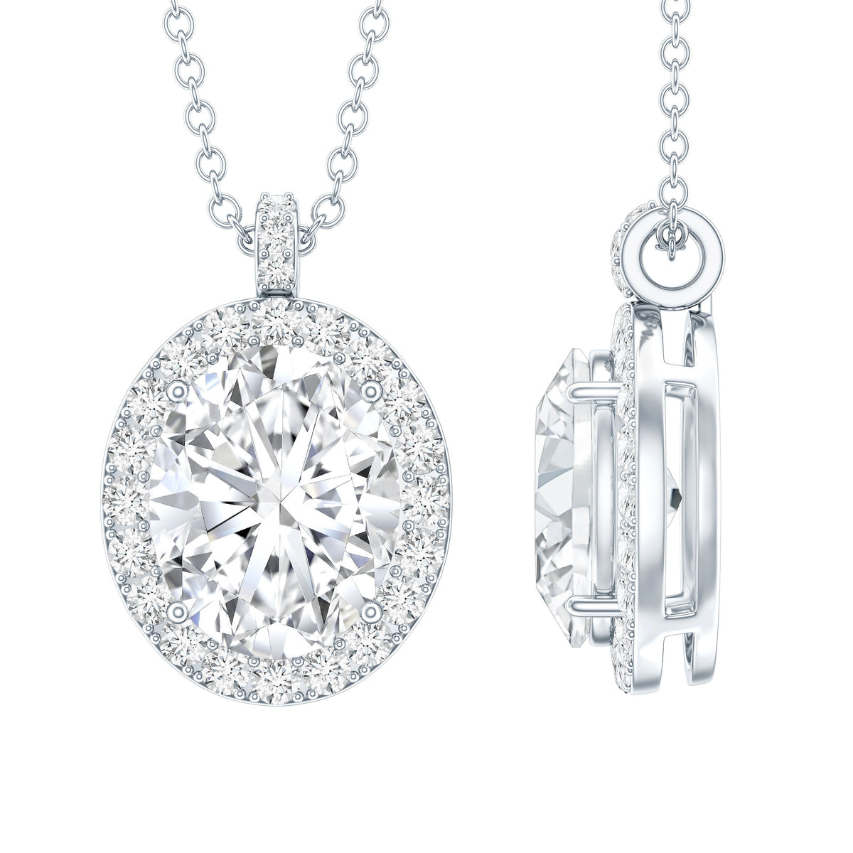 Certified 8X10 MM Oval Cubic Zirconia Halo Pendant with Chain