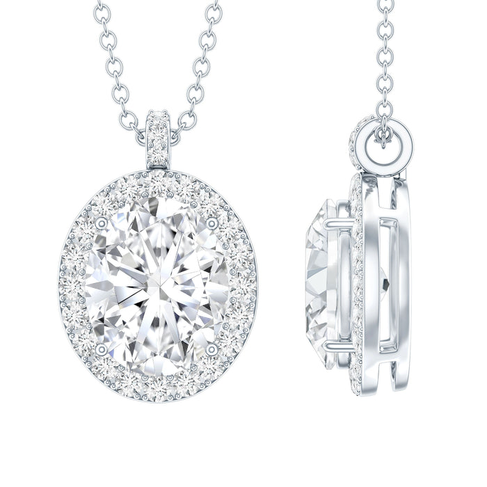 Rosec Jewels 8x10 mm oval cubic zirconia halo pendant with chain, showcasing sparkling center stone and intricate silver setting.