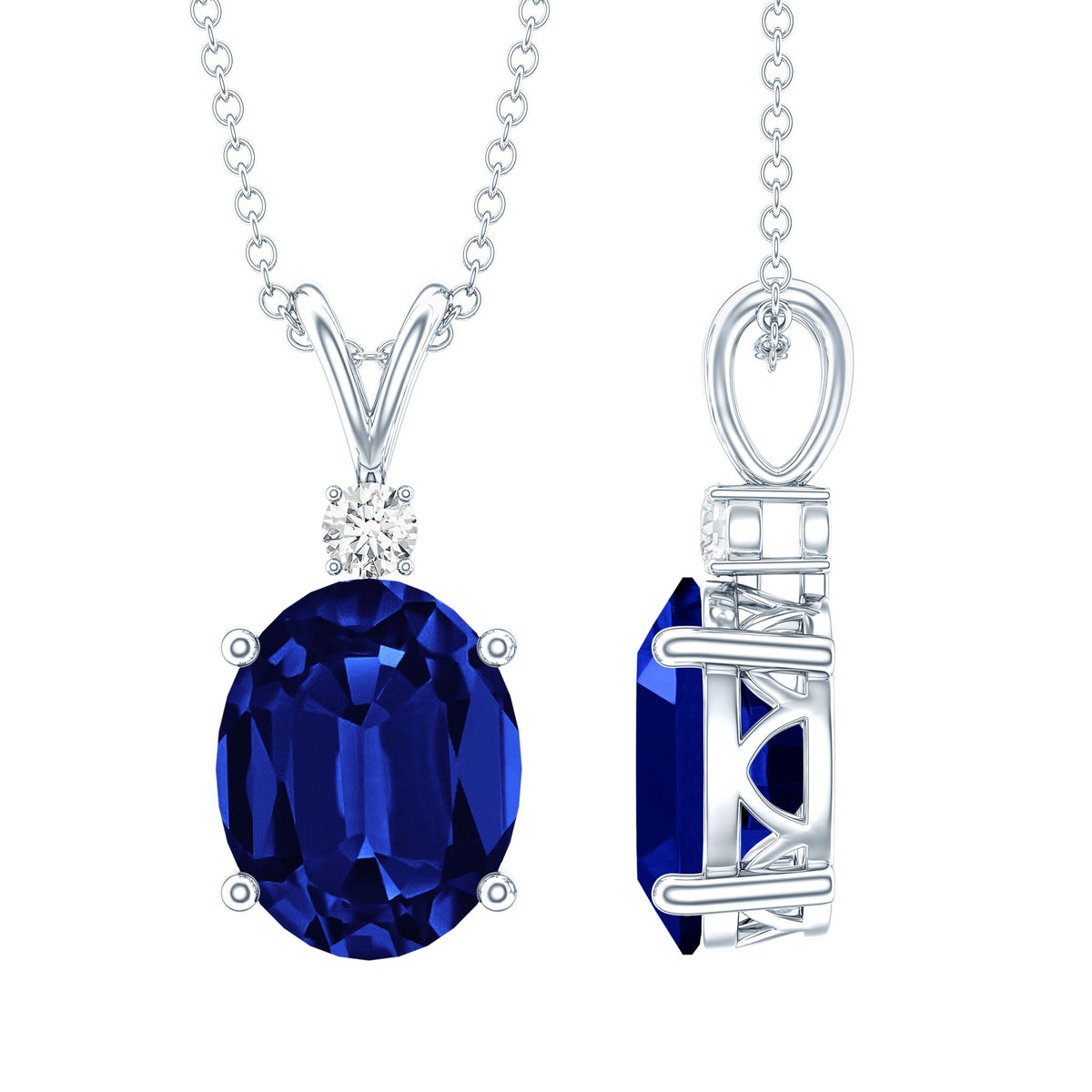 Certified Oval Lab Created Blue Sapphire Necklace with Chain