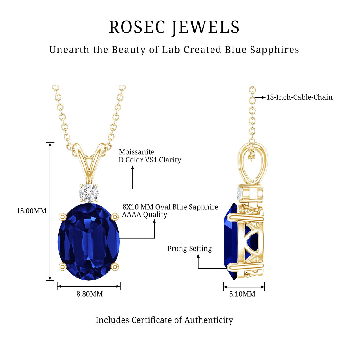 Certified Oval Lab Created Blue Sapphire Necklace with Chain