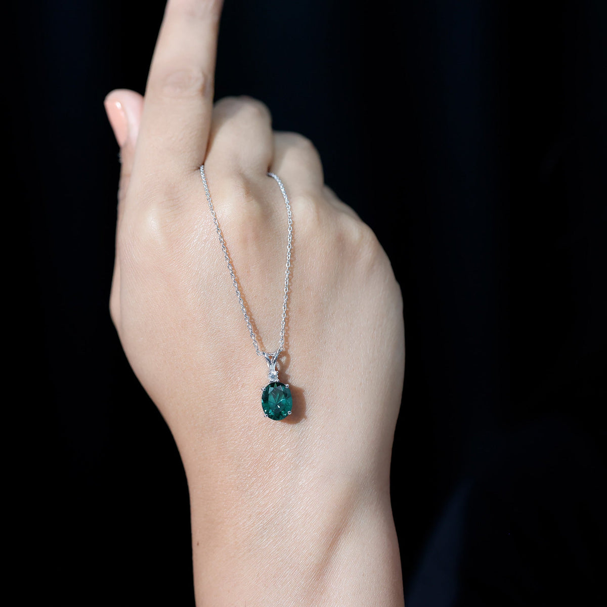 8X10 MM Oval Lab Grown Emerald Solitaire Necklace With Silver Chain