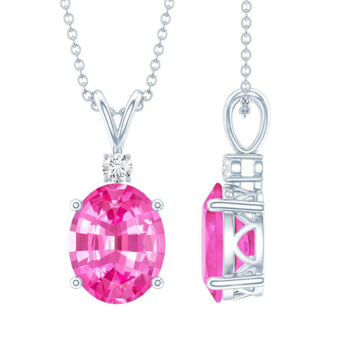 Lab grown pink sapphire pendant with 4 carats in an oval shape on a silver chain, jewelry piece from Rosec Jewels.