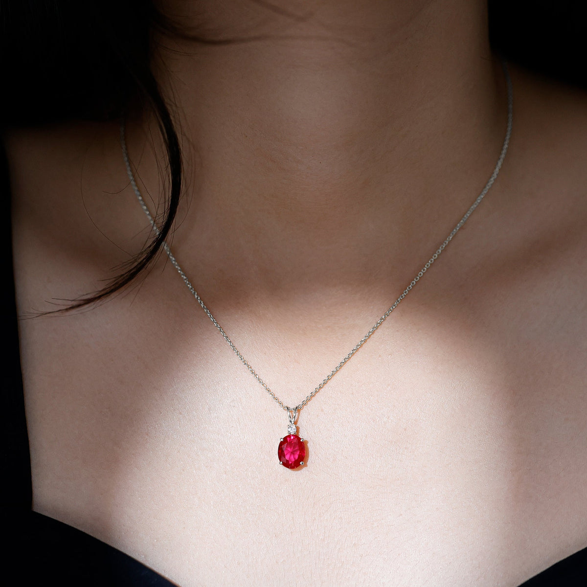 AAAA Quality 4 Carat Lab Grown Ruby Oval Necklace with Silver Chain
