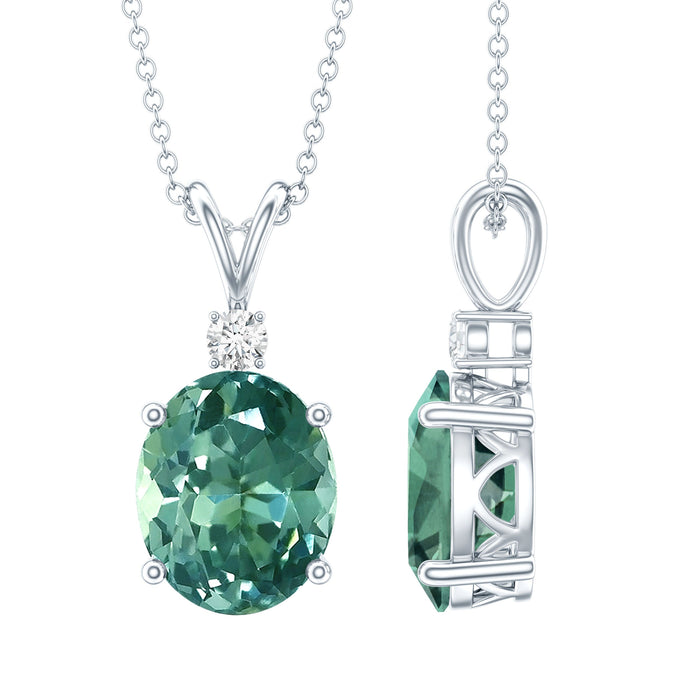 Oval-shaped green sapphire pendant necklace with 4-carat lab-grown gemstone from Rosec Jewels displayed against a neutral background.
