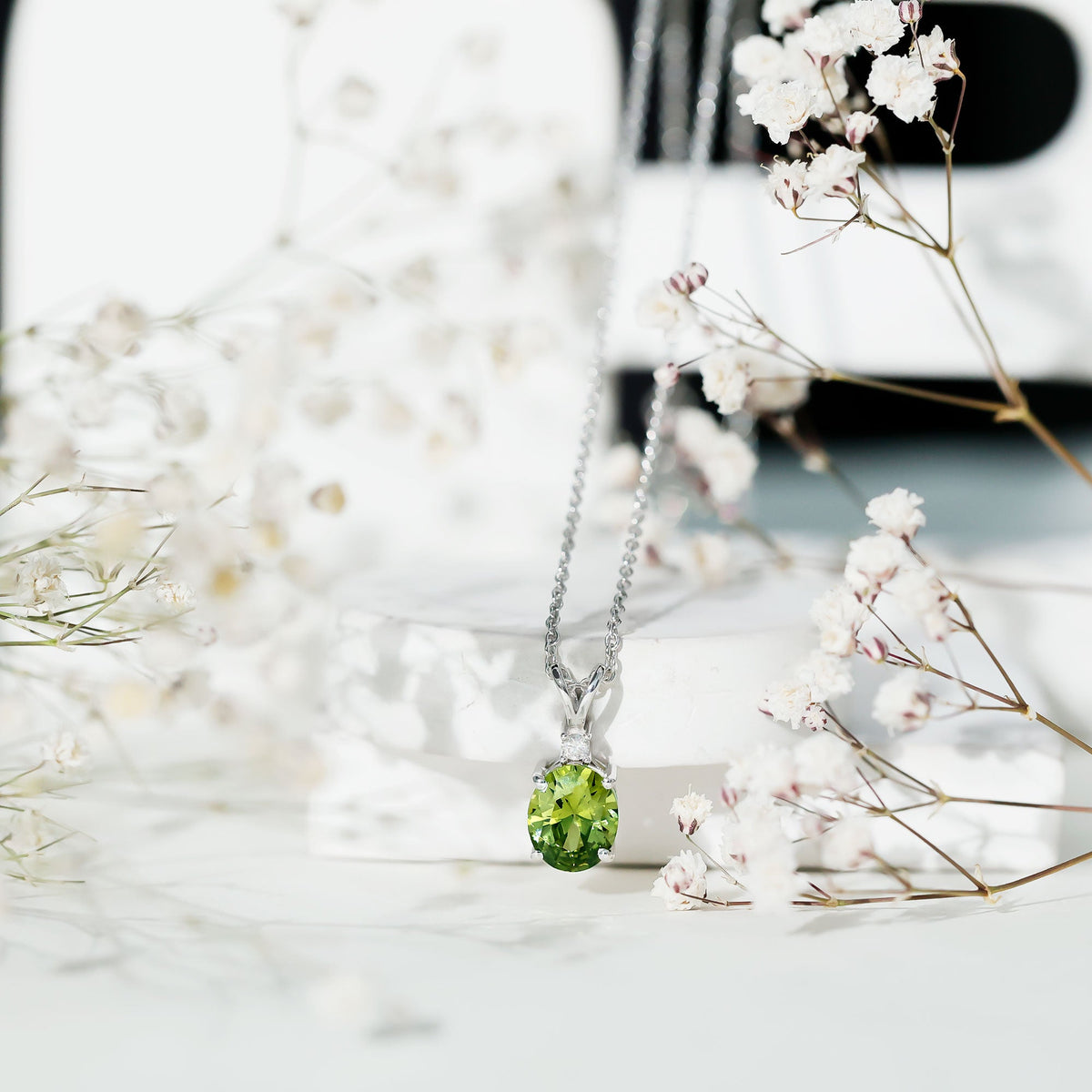 4 Carat Lab Grown Oval Shaped Green Sapphire Solitaire Necklace