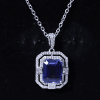 2.7 Carat Emerald Cut Lab Created Blue Sapphire Vintage Necklace with Diamond