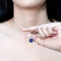 2.7 Carat Emerald Cut Lab Created Blue Sapphire Vintage Necklace with Diamond