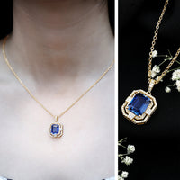 2.7 Carat Emerald Cut Lab Created Blue Sapphire Vintage Necklace with Diamond