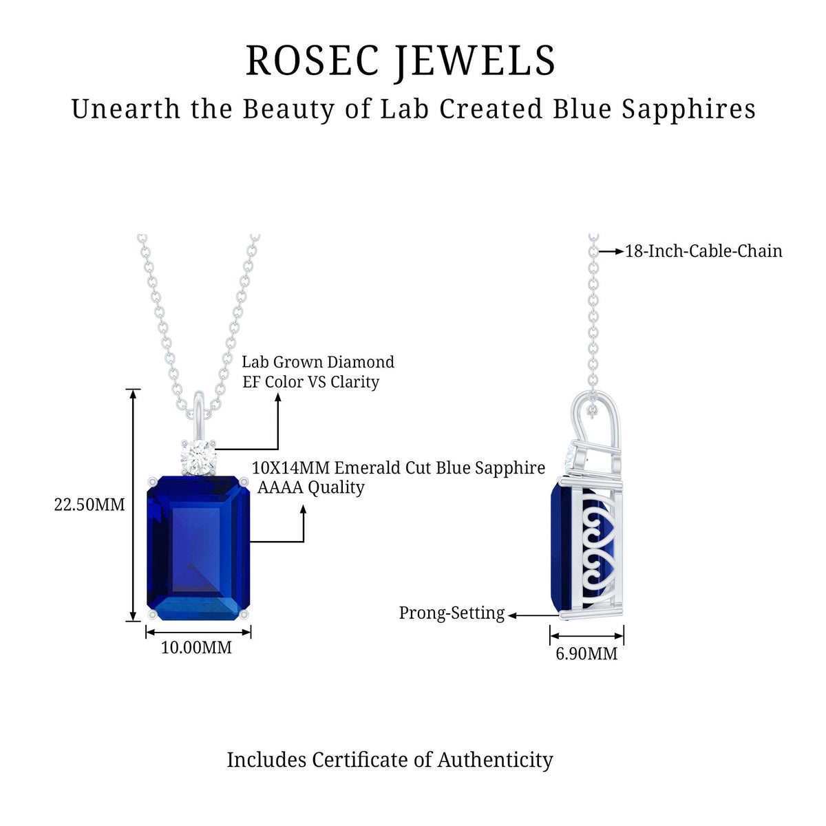 9 Carat Lab Grown Blue Sapphire Emerald Cut Necklace with Diamond