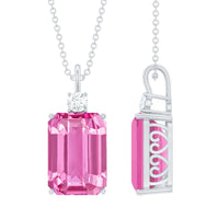 9 Carat Emerald Cut Lab Created Pink Sapphire Pendant with Diamond