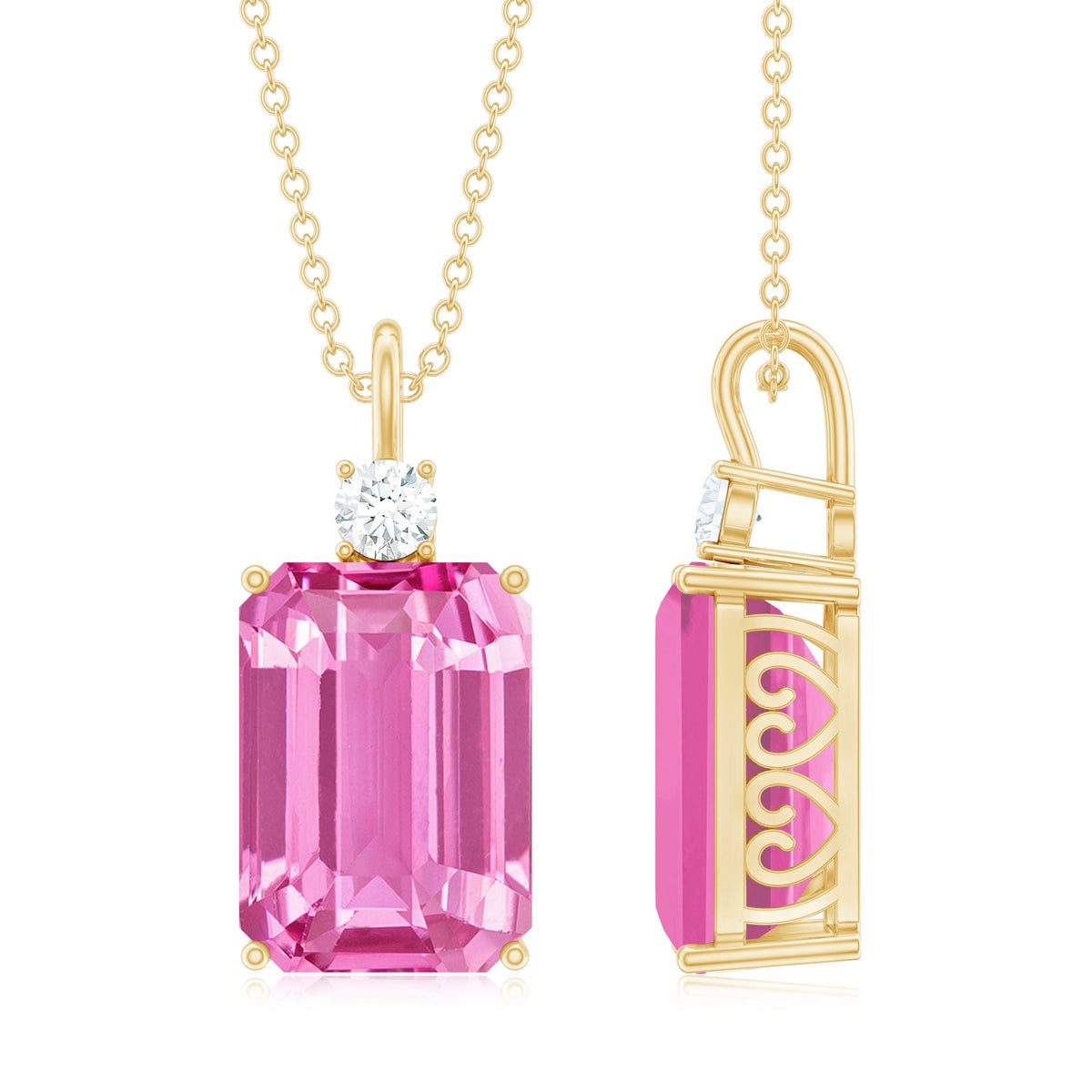9 Carat Emerald Cut Lab Created Pink Sapphire Pendant with Diamond