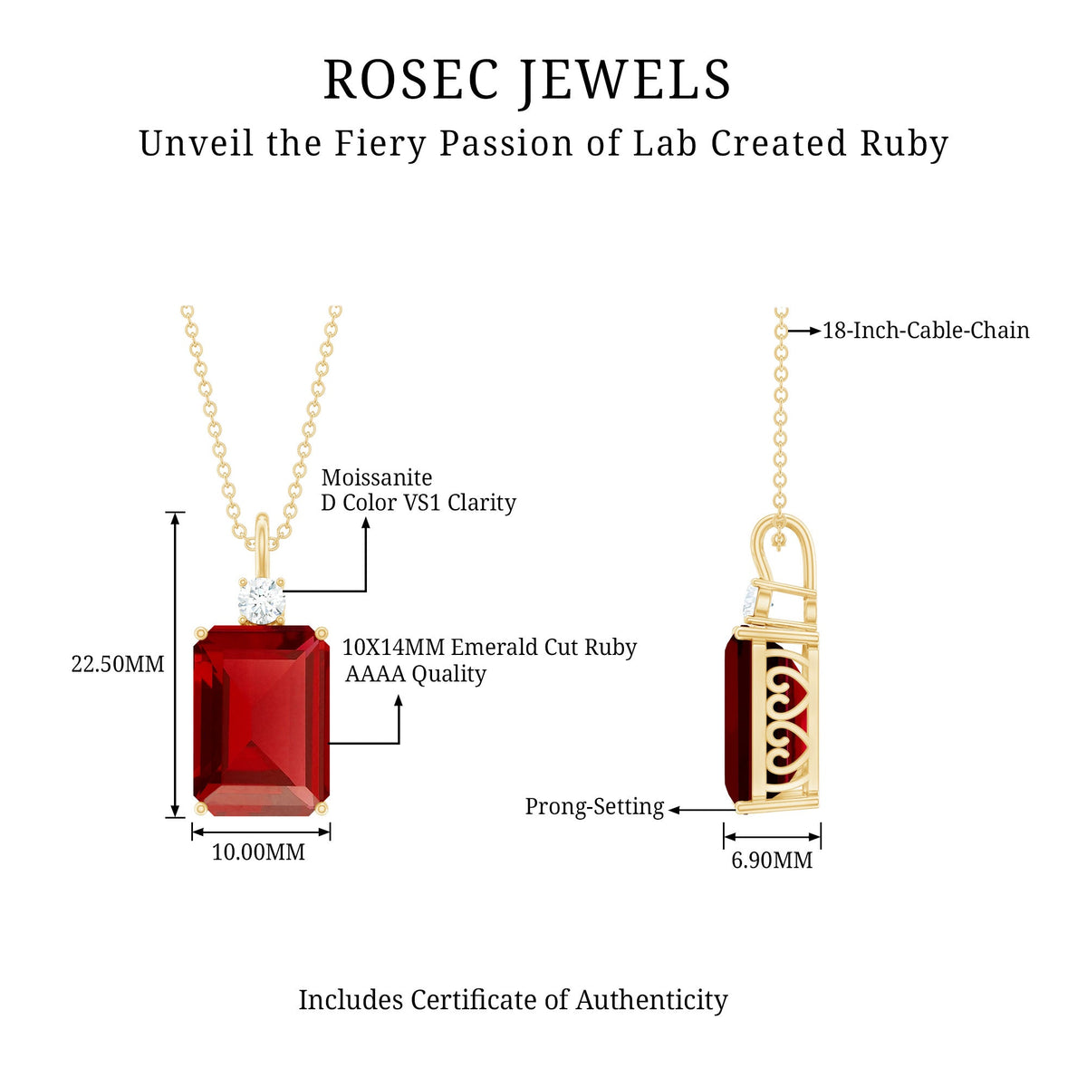 5 Carat Emerald Cut Lab Created Ruby Solitaire Pendant with Diamond