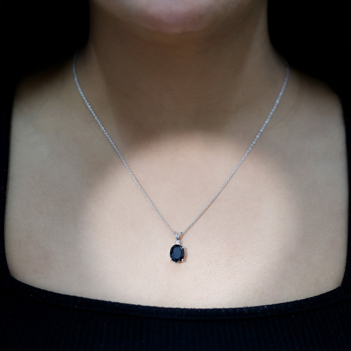 Lab Created Black Diamond Oval Necklace with Silver Chain