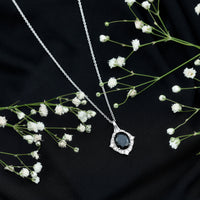 Vintage Style Created Black Diamond Halo Pendant Necklace