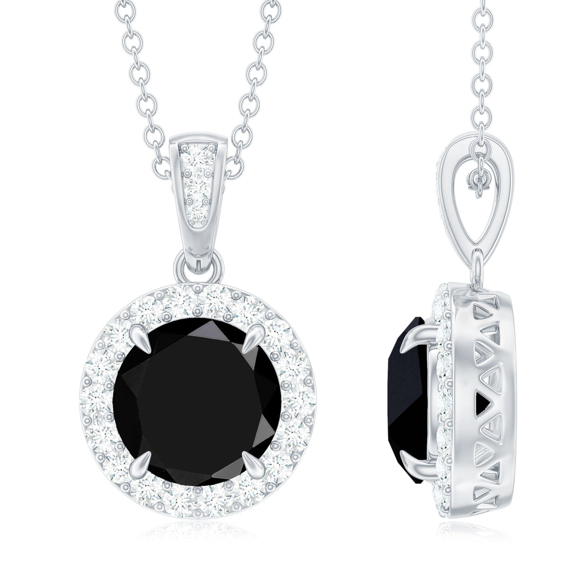 2 Carat Round Lab Created Black Diamond Halo Pendant with White Diamond