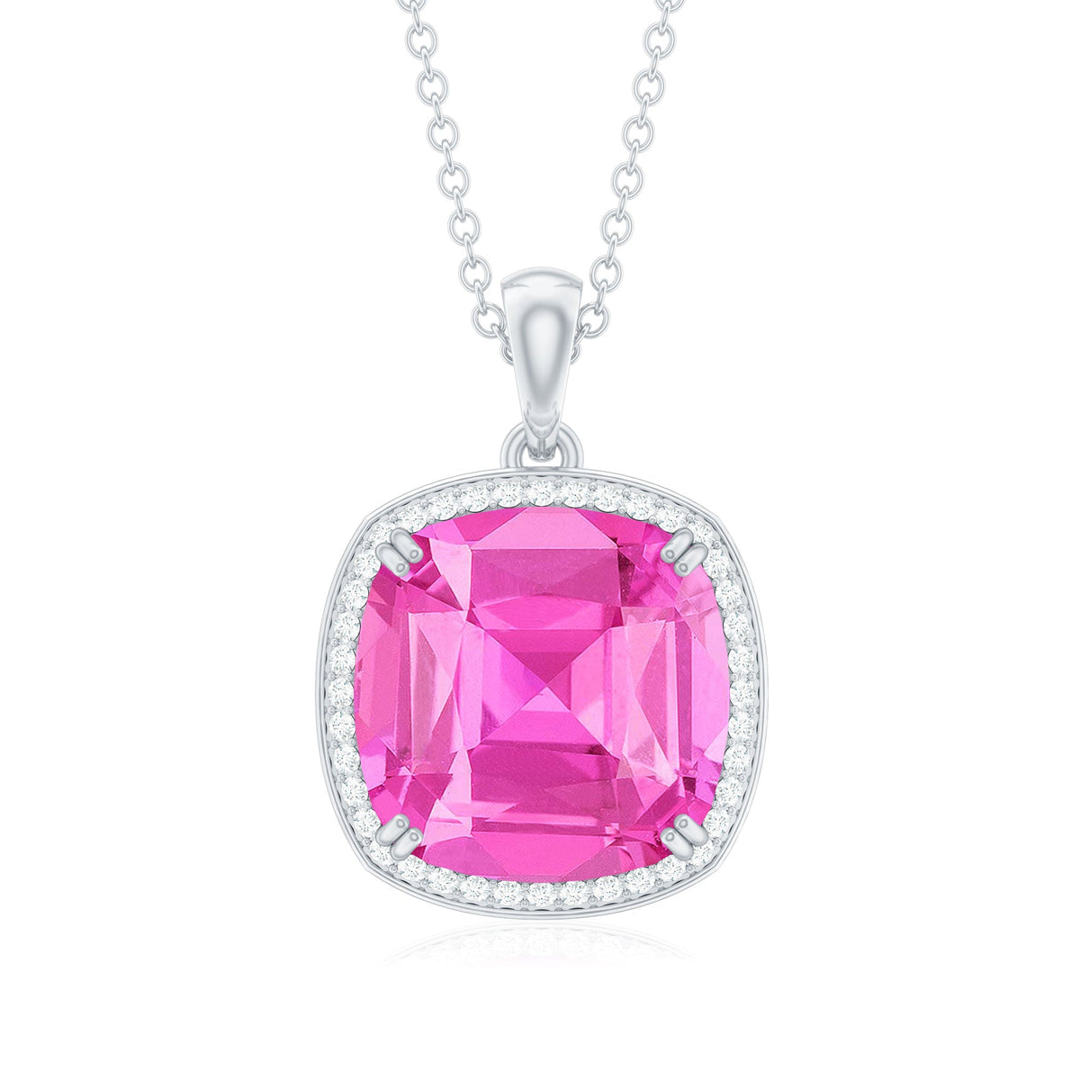 6 Carat Lab Grown Pink Sapphire Statement Pendant Necklace with Diamond Halo