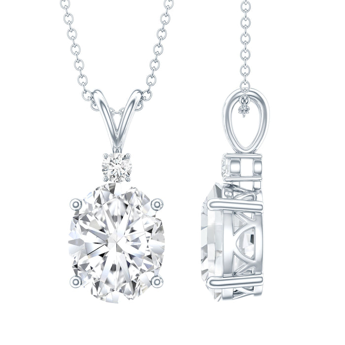 Oval 3.5 carat Moissanite pendant with silver chain from Rosec Jewels, showcasing a sparkling gemstone and delicate chain.