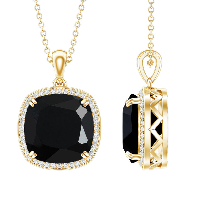 Cushion cut lab-grown black and white diamond halo pendant necklace by Rosec Jewels featuring a 6 carat center stone.