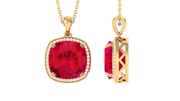 Cushion cut lab-grown ruby pendant with diamond halo necklace by Rosec Jewels, showcasing a 4-carat ruby and sparkling diamonds.