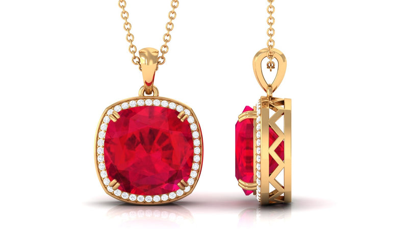 Cushion cut lab-grown ruby pendant with diamond halo necklace from Rosec Jewels, showcasing a 4-carat ruby centerpiece.