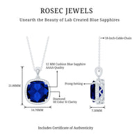 Cushion Cut Created Blue Sapphire and Diamond Halo Pendant Necklace