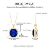 Cushion Cut Created Blue Sapphire and Diamond Halo Pendant Necklace