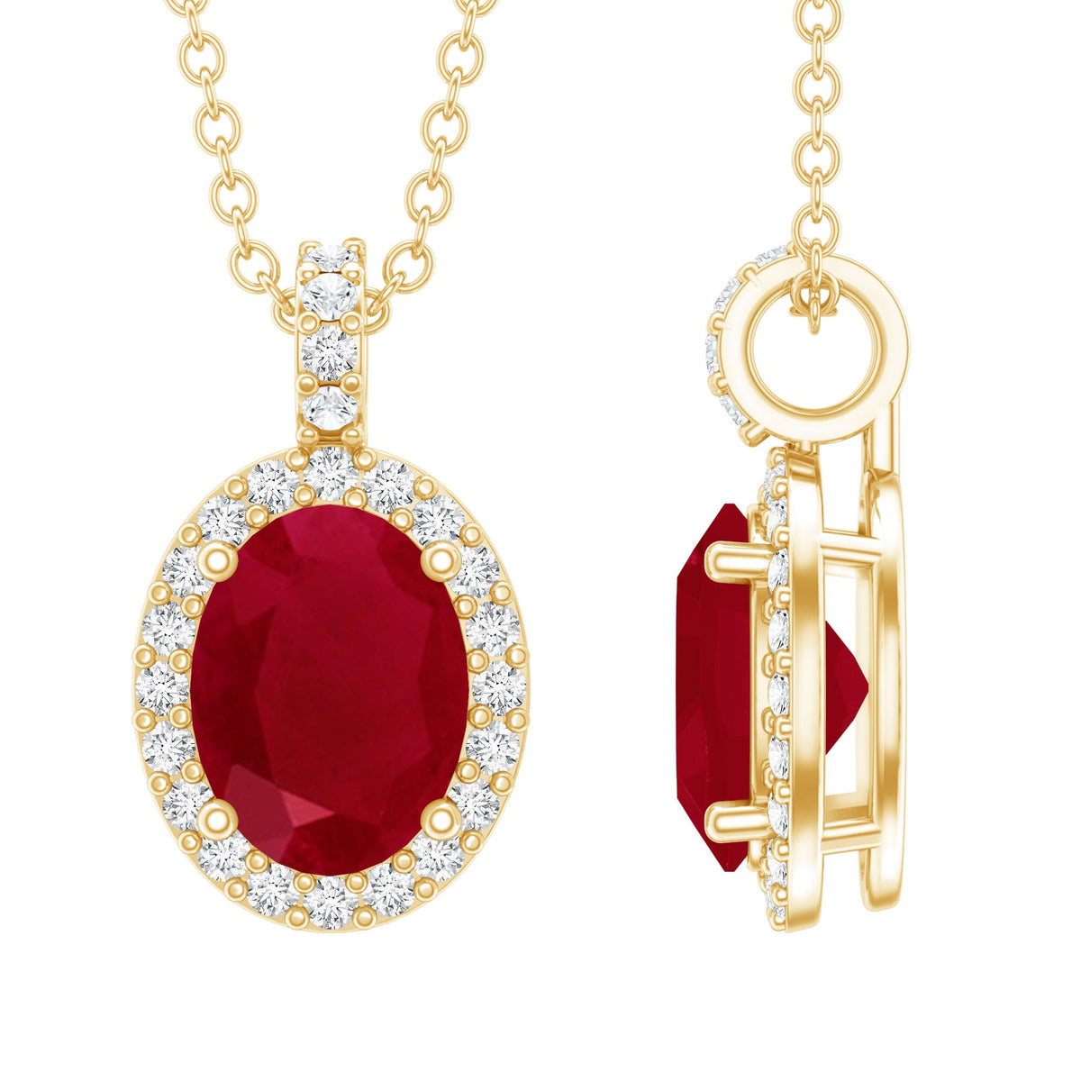 Natural 1.5 Carat Ruby Pendant Necklace with Diamond Halo in Gold Plated Silver