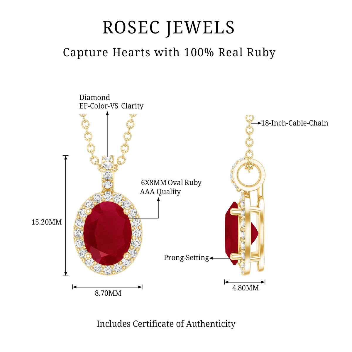 Natural 1.5 Carat Ruby Pendant Necklace with Diamond Halo in Gold Plated Silver