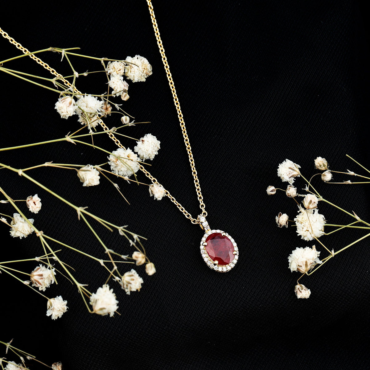 Natural 1.5 Carat Ruby Pendant Necklace with Diamond Halo in Gold Plated Silver