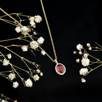 Natural 1.5 Carat Ruby Pendant Necklace with Diamond Halo in Gold Plated Silver