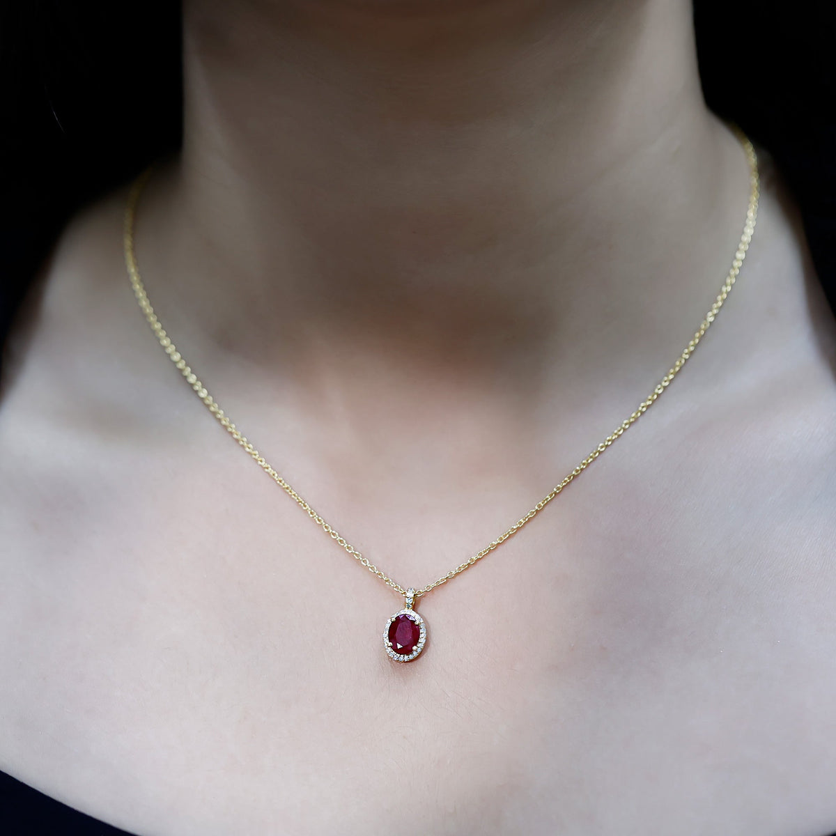 Natural 1.5 Carat Ruby Pendant Necklace with Diamond Halo in Gold Plated Silver
