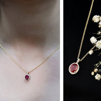 Natural 1.5 Carat Ruby Pendant Necklace with Diamond Halo in Gold Plated Silver