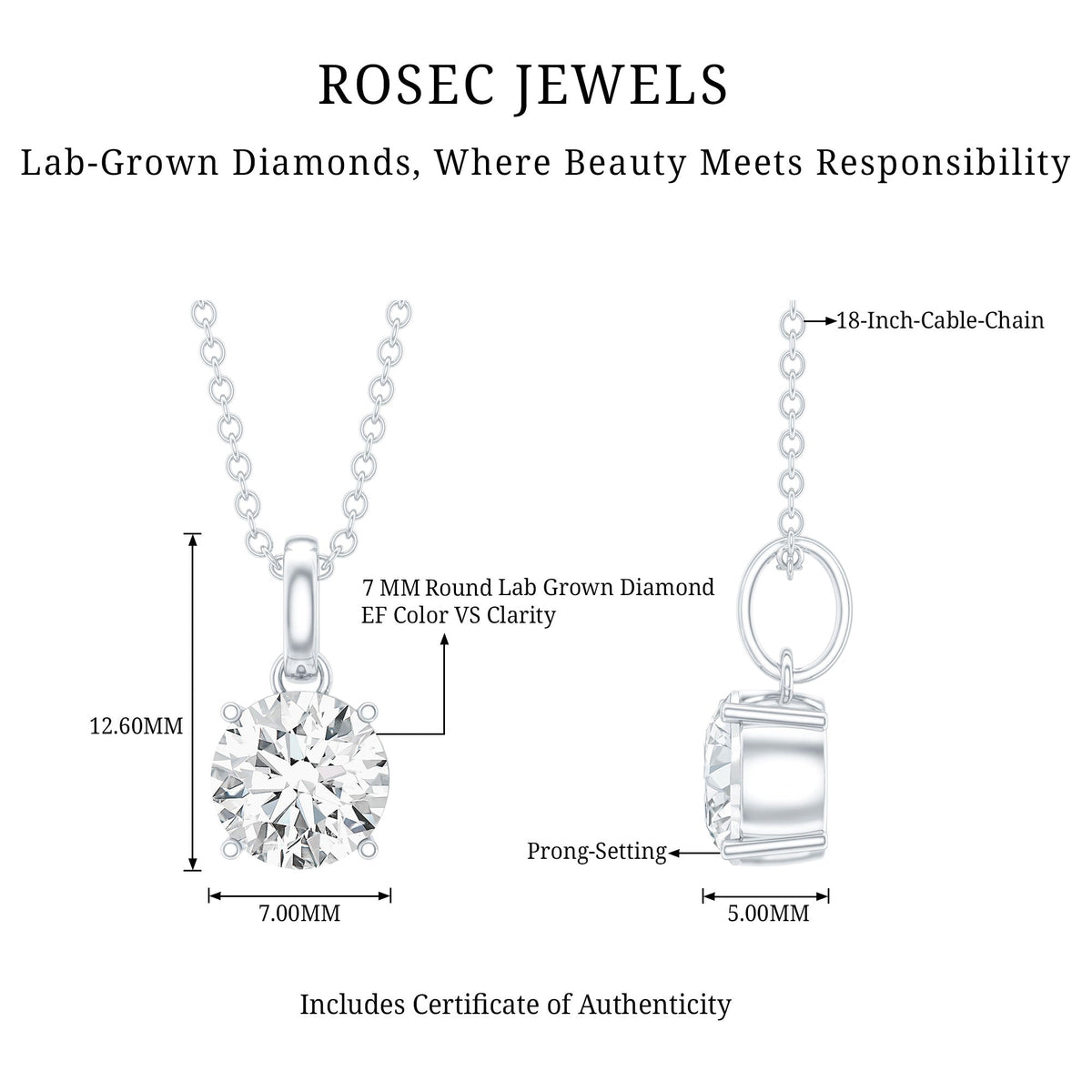 Lab Grown 1 Carat Single Diamond Necklace For Women