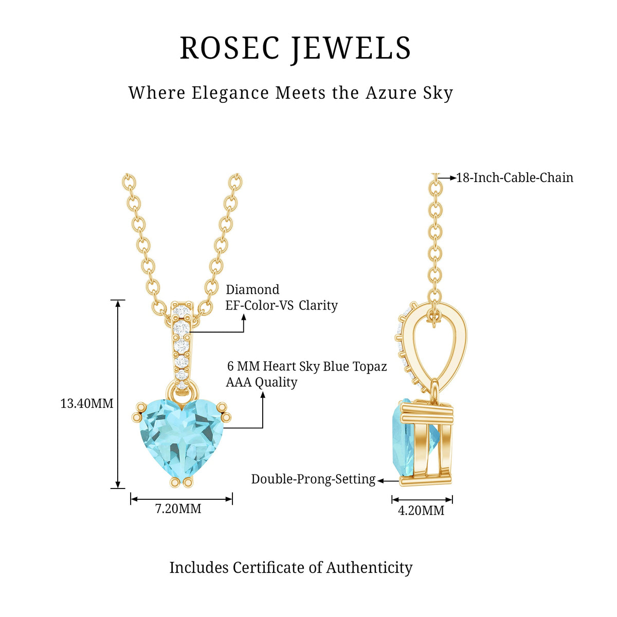 1 Carat Sky Blue Topaz Heart Pendant Necklace with Diamond