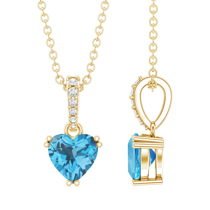 Swiss blue topaz and diamond heart pendant necklace with chain, 0.9 carats, by Rosec Jewels, featuring a elegant solitaire design.