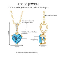 Swiss Blue Topaz and diamond heart pendant with chain, 0.9 carats, by Rosec Jewels, featuring a solitaire design.