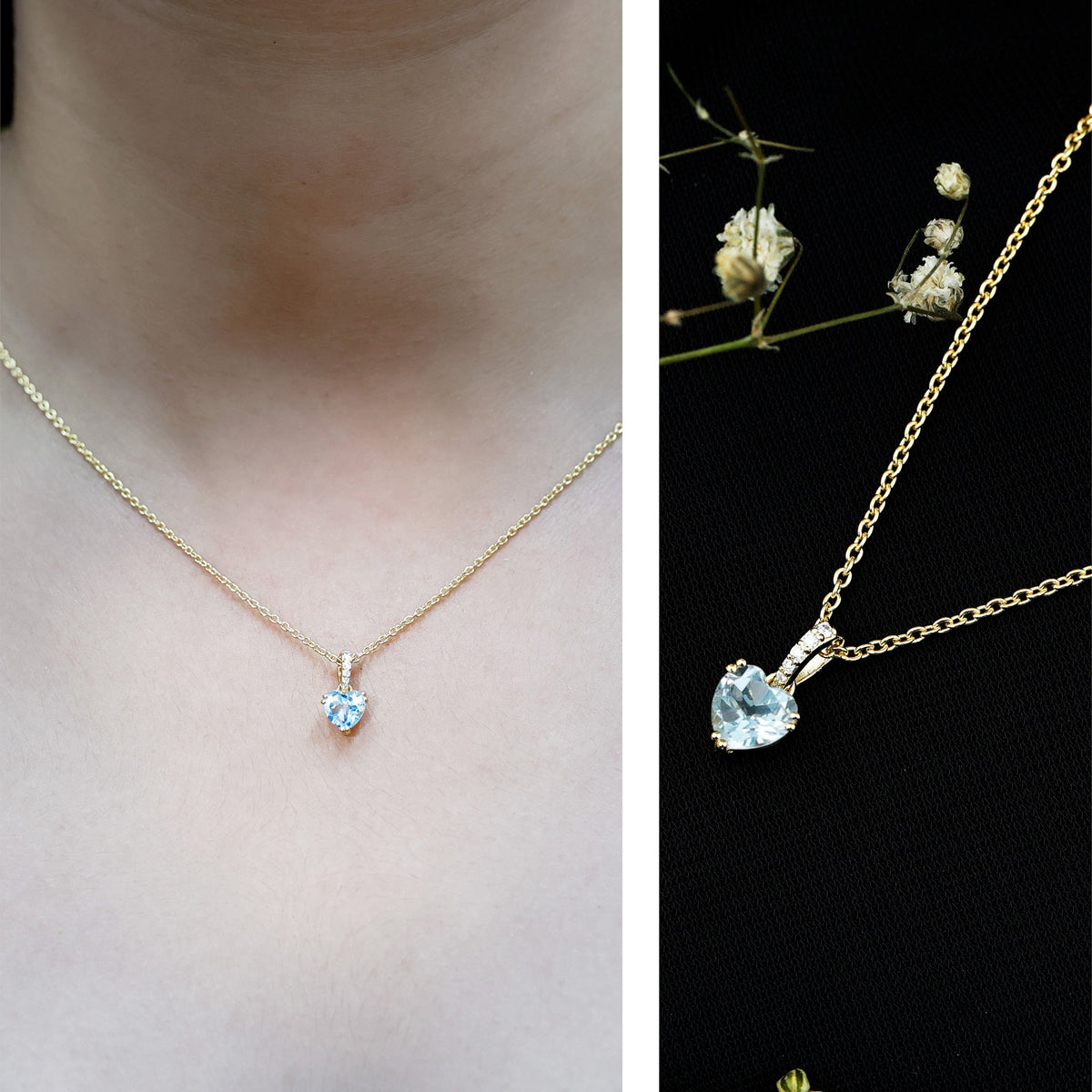 Swiss Blue Topaz solitaire and diamond heart pendant with chain, elegant jewelry piece by Rosec Jewels.