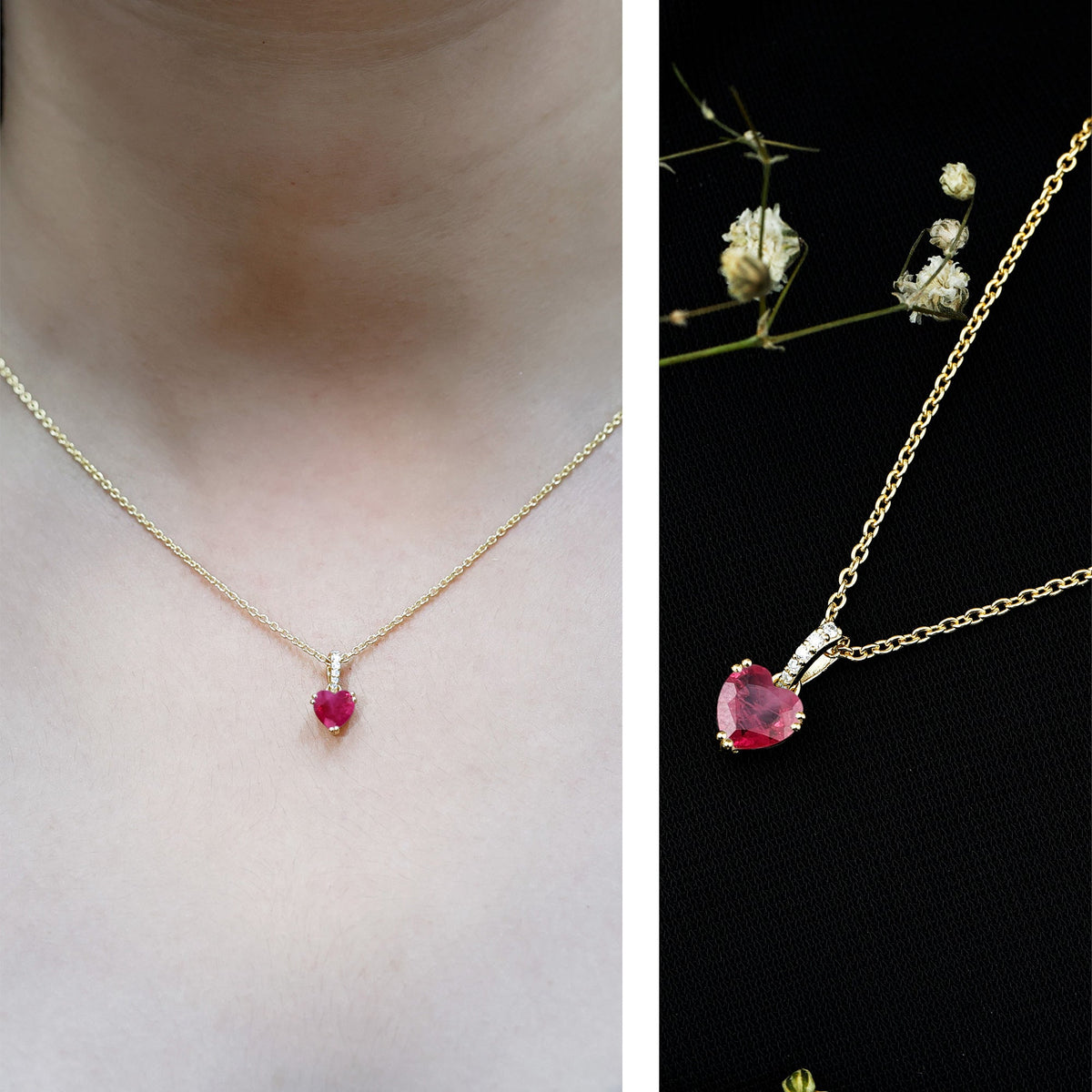Natural 1 Carat Ruby heart pendant with diamond bail from Rosec Jewels, featuring a vibrant ruby gemstone and elegant design.