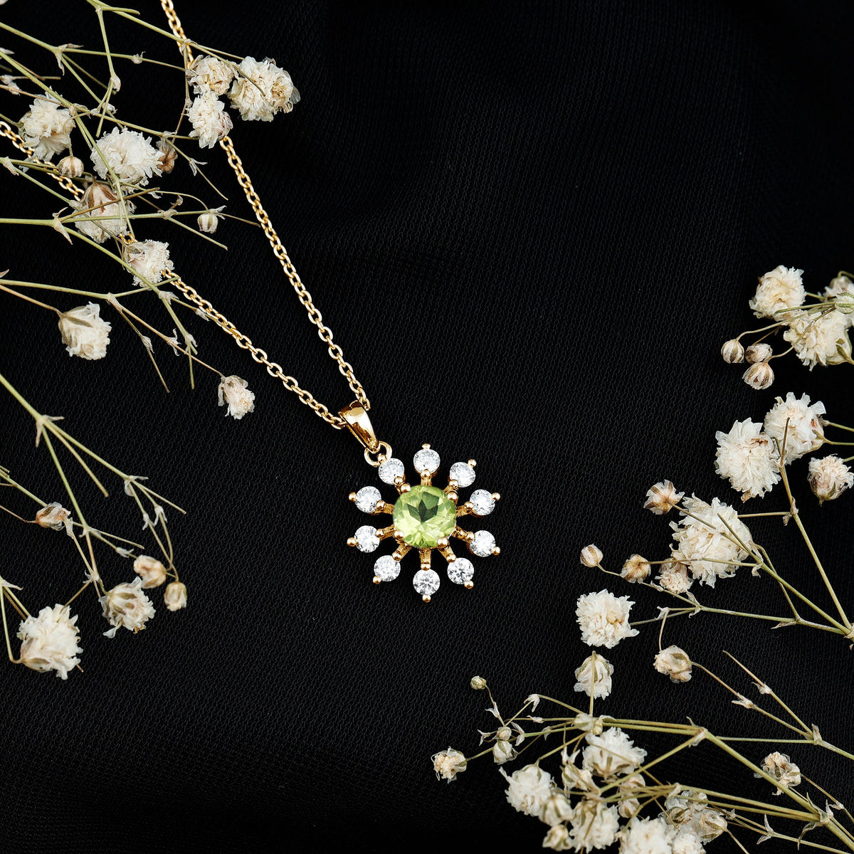 Green Peridot and Diamond Flower Pendant Necklace
