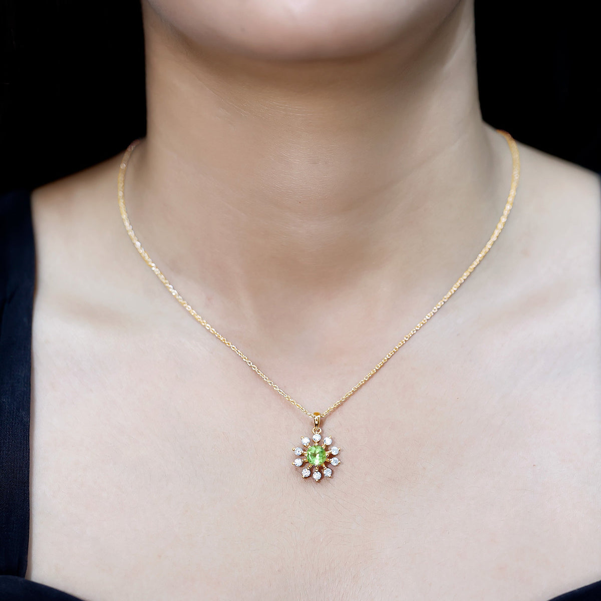 Green Peridot and Diamond Flower Pendant Necklace