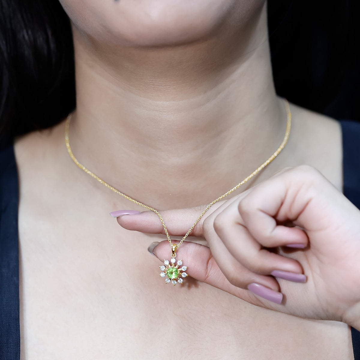 Green Peridot and Diamond Flower Pendant Necklace