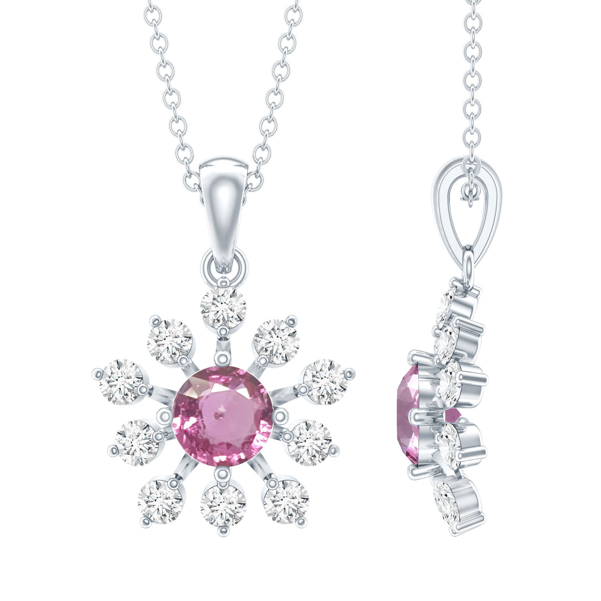 Genuine 0.58 carat pink sapphire and diamond flower pendant necklace from Rosec Jewels, showcasing a delicate floral design.