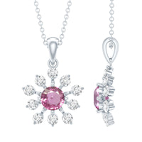 Genuine 0.58 carat pink sapphire and diamond flower pendant necklace from Rosec Jewels, showcasing a delicate floral design.