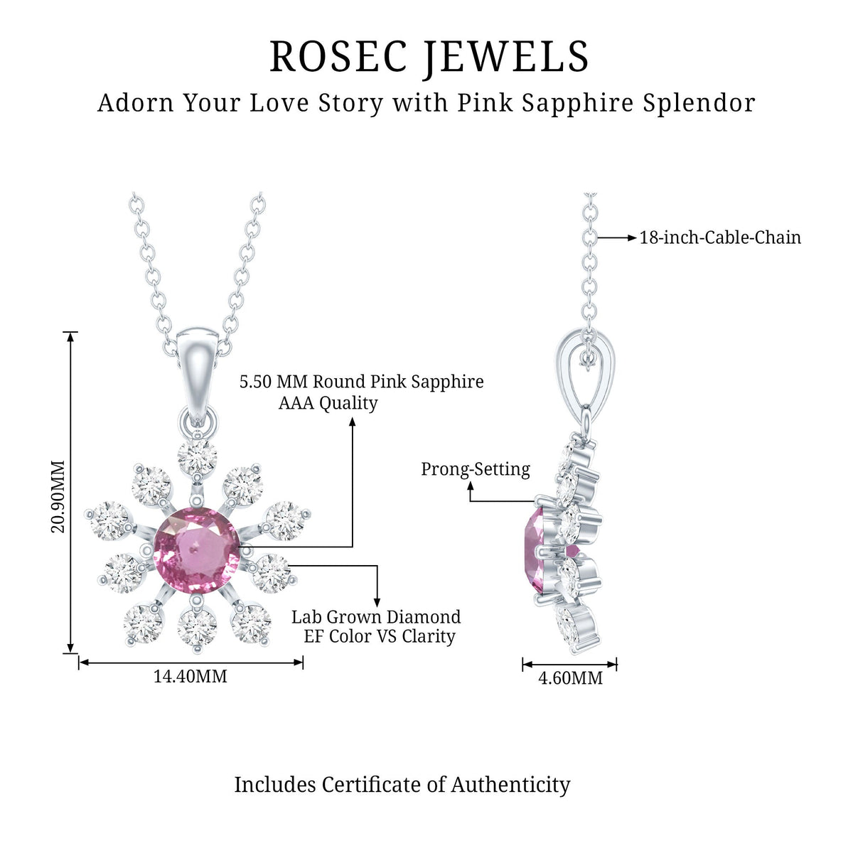 Genuine 0.58 carat pink sapphire and diamond flower pendant necklace by Rosec Jewels with intricate floral design.
