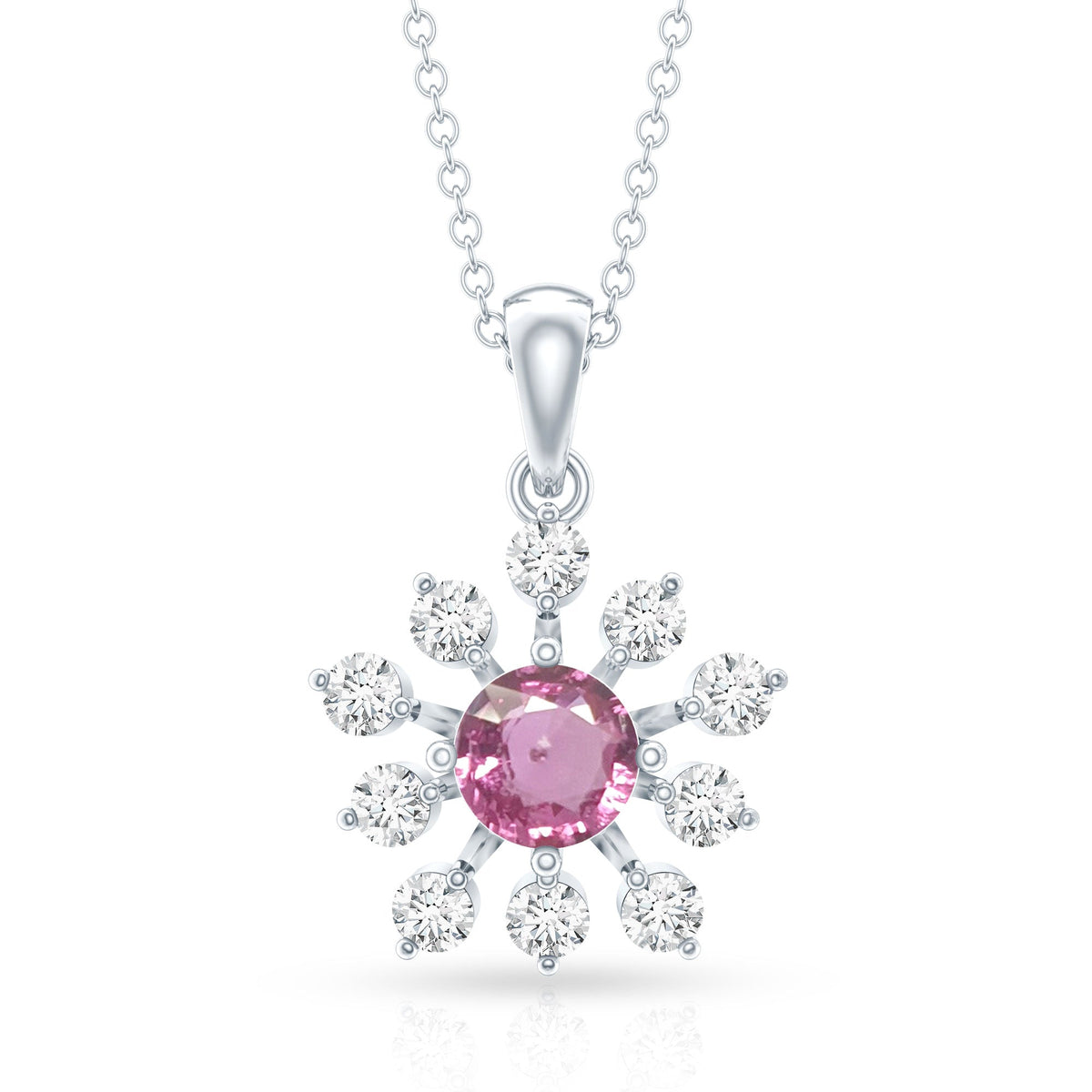 Genuine 0.58 carat pink sapphire and diamond flower pendant necklace by Rosec Jewels, featuring a delicate floral design.