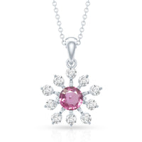 Genuine 0.58 carat pink sapphire and diamond flower pendant necklace by Rosec Jewels, featuring a delicate floral design.