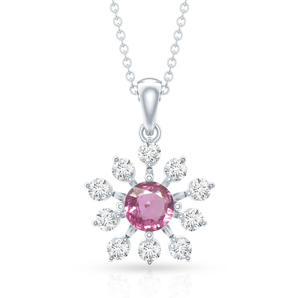 Genuine 0.58 carat pink sapphire and diamond flower pendant necklace by Rosec Jewels, featuring a delicate floral design.